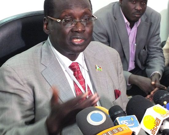 Dr. Barnaba Marial Benjamin speaking to the press in Juba [©Gurtong/ Waakhe Wudu]